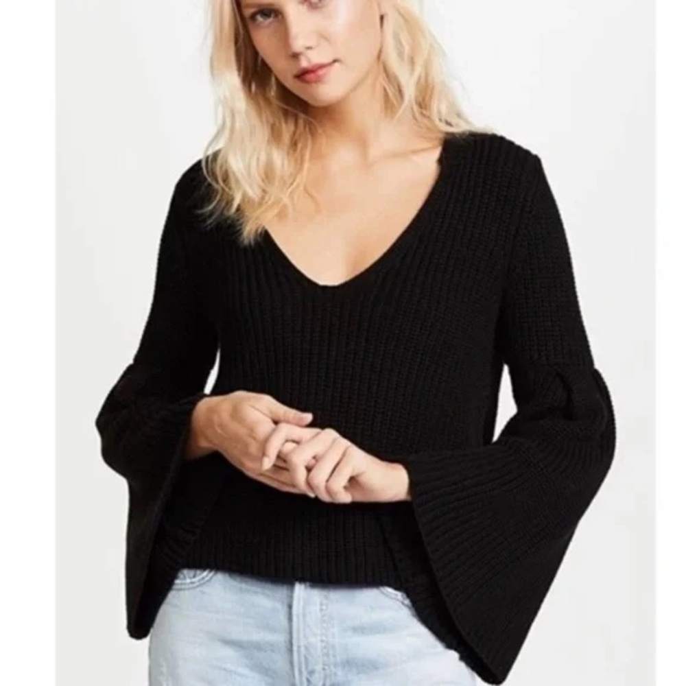 Free People Damsel Black Knit V Neck Sweater with Bell Sleeves